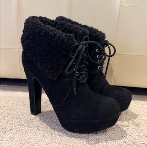 Pour La Victoire Black Suede Lace-Up Shearling Cuff High-Heel Booties
